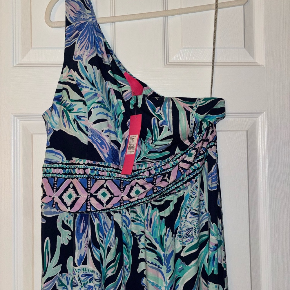 Lilly Pulitzer Navy One-Shoulder Tropical Maxi Dress